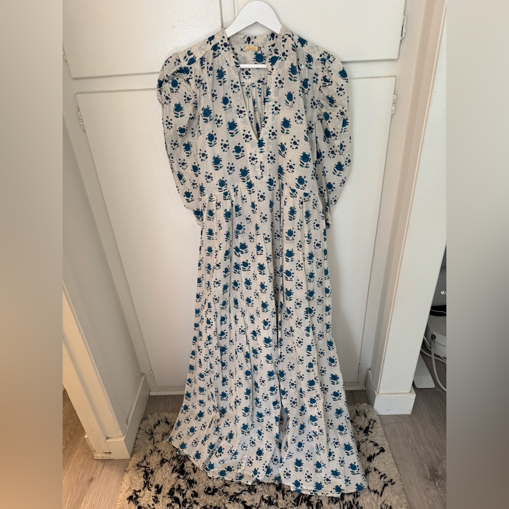 Matta Cream Maxi Dress with Blue Floral Print